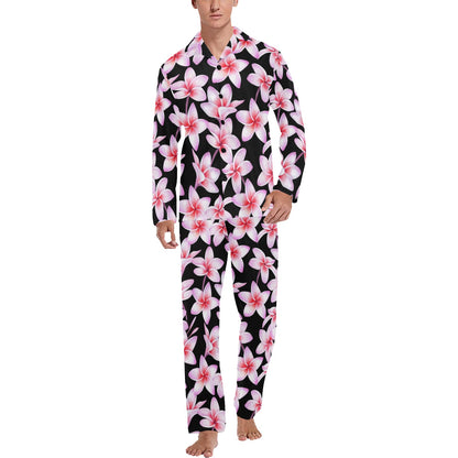 Pink Plumeria Pattern Print Design PM09 Men's Long Pajama Set