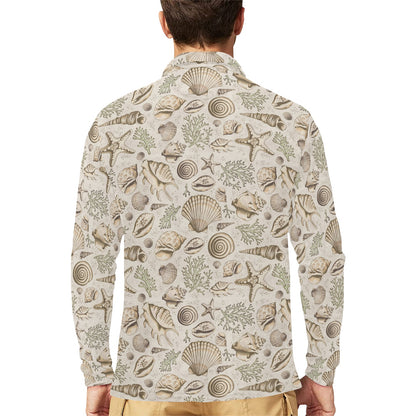 Seashell Print Design LKS304 Long Sleeve Polo Shirt For Men's