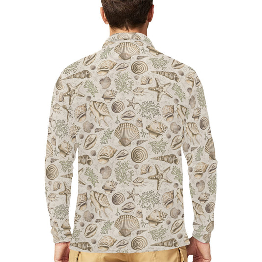 Seashell Print Design LKS304 Long Sleeve Polo Shirt For Men's
