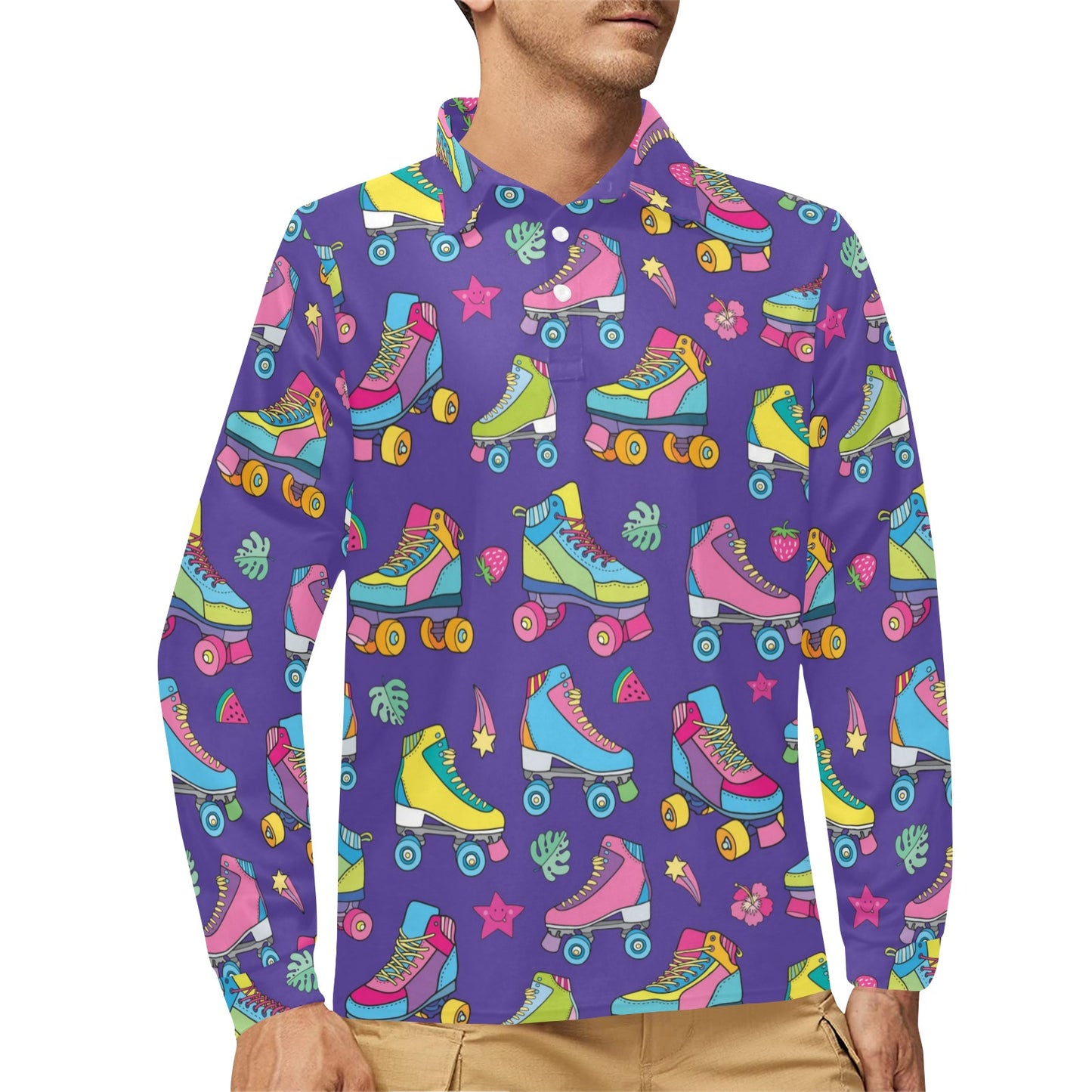 Roller skate Colorful Pattern Print Design A05 Long Sleeve Polo Shirt For Men's