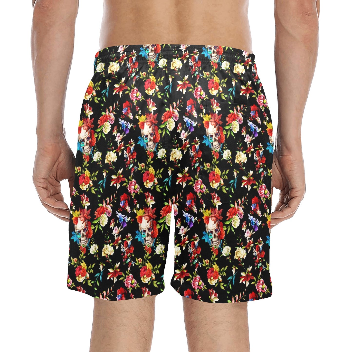 Skull Roses Flower Design Themed Print Men's Swim Trunks Beach Shorts
