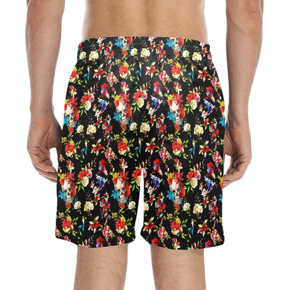 Skull Roses Flower Design Themed Print Men's Swim Trunks Beach Shorts