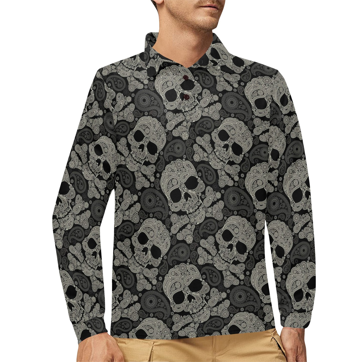 Paisley Skull Pattern Print Design A01 Long Sleeve Polo Shirt For Men's