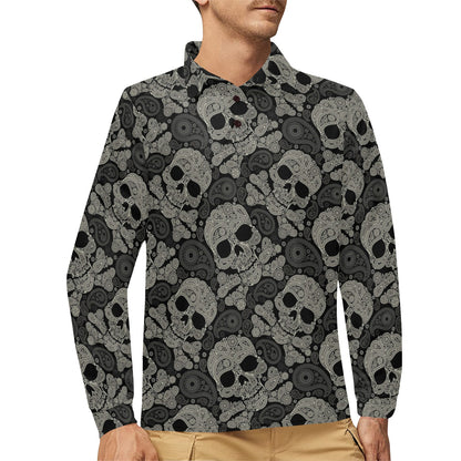 Paisley Skull Pattern Print Design A01 Long Sleeve Polo Shirt For Men's