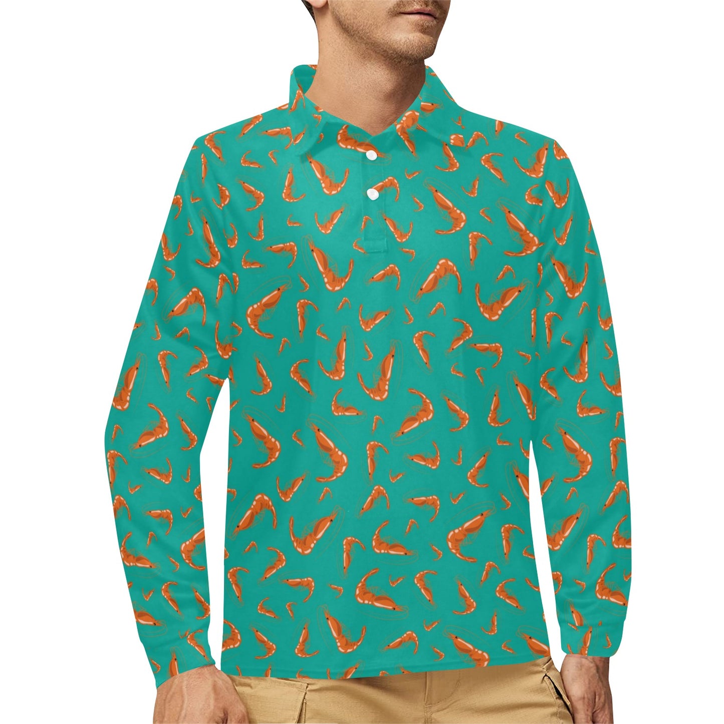 Shrimp Print Design LKS301 Long Sleeve Polo Shirt For Men's