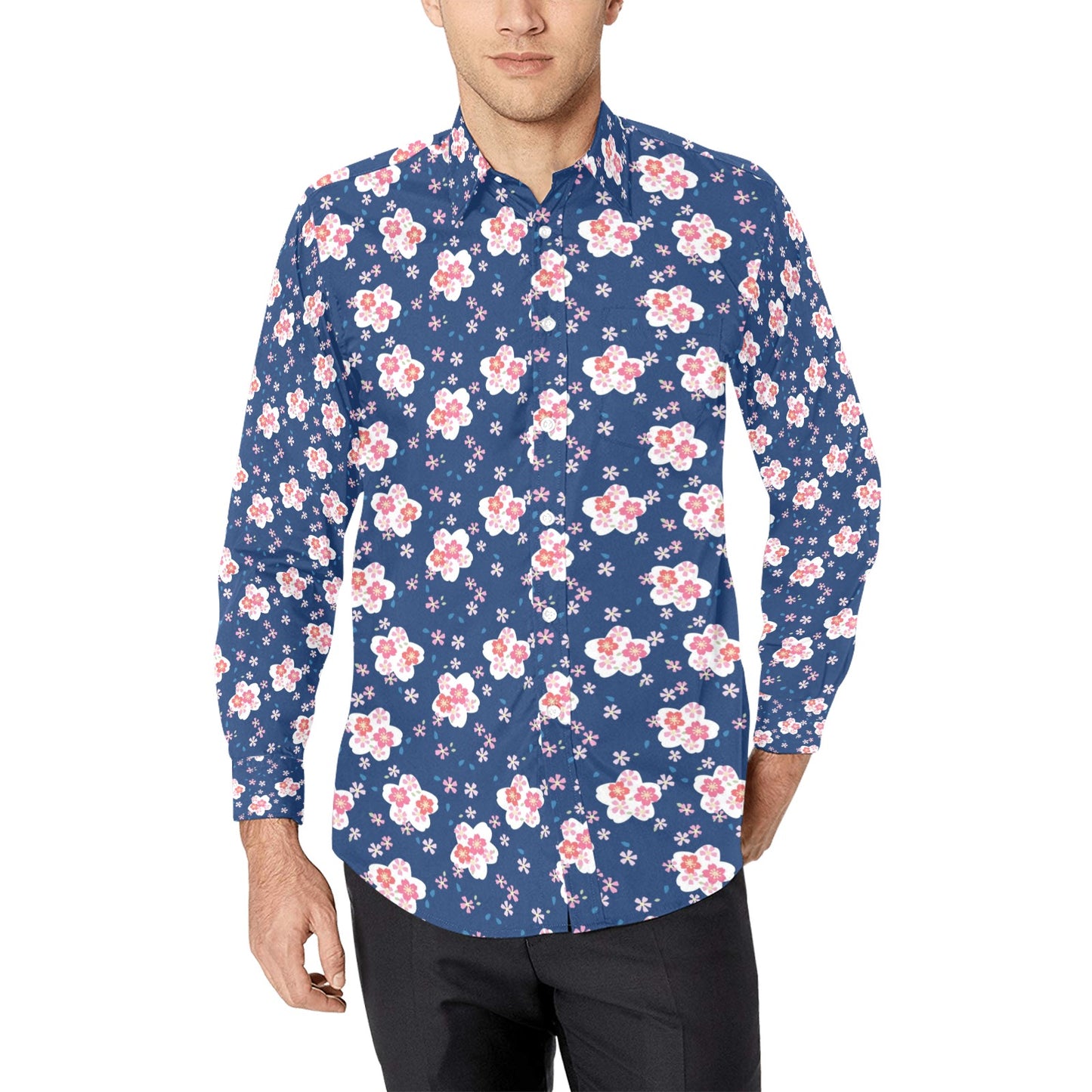 Sakura Print Design LKS306 Men's Long Sleeve Dress Shirt