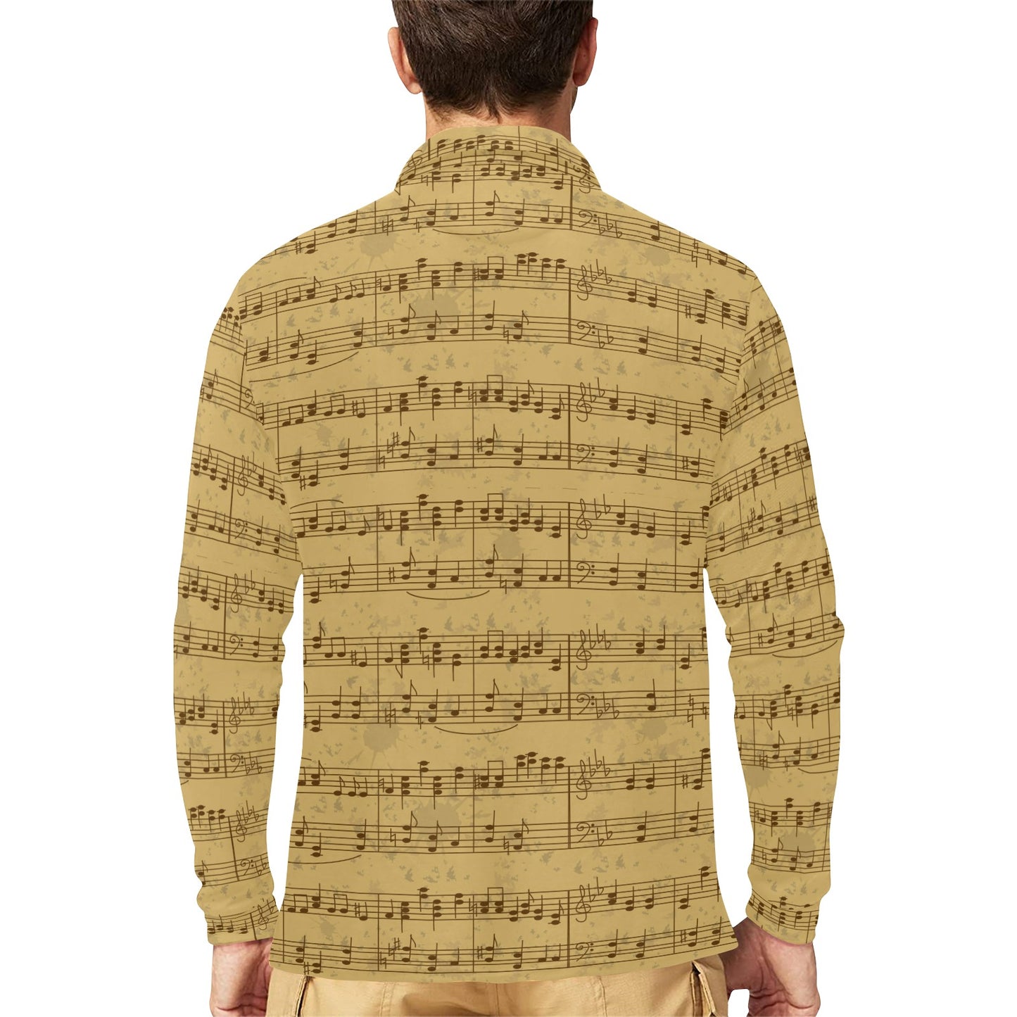 Music Note Vintage Themed Print Long Sleeve Polo Shirt For Men's
