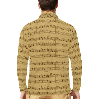 Music Note Vintage Themed Print Long Sleeve Polo Shirt For Men's