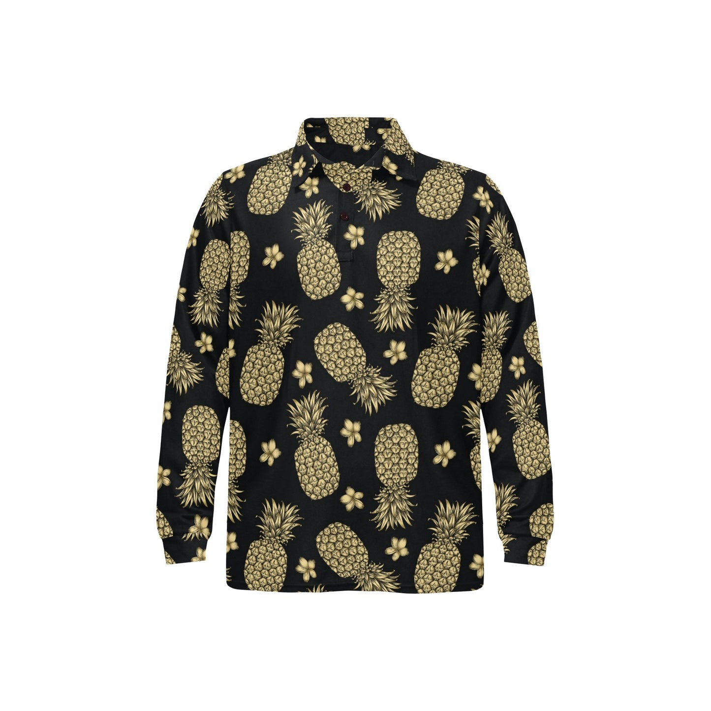 Gold Pineapple Hibiscus Long Sleeve Polo Shirt For Men's