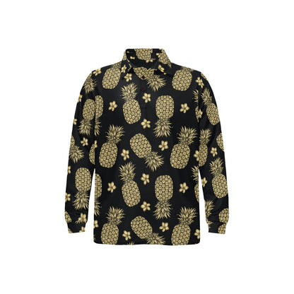 Gold Pineapple Hibiscus Long Sleeve Polo Shirt For Men's