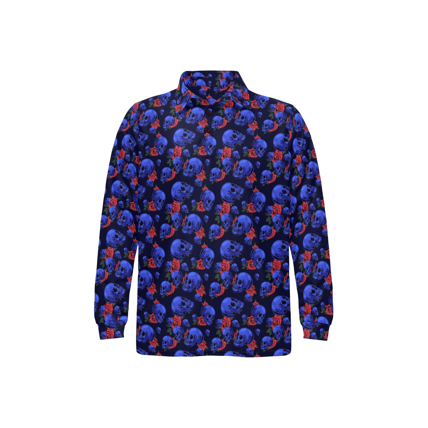 Skull Roses Neon Design Themed Print Long Sleeve Polo Shirt For Men's