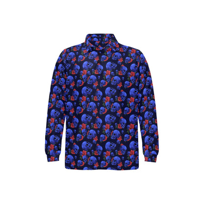 Skull Roses Neon Design Themed Print Long Sleeve Polo Shirt For Men's