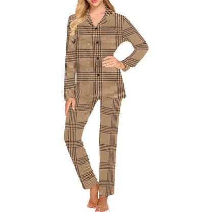 Houndstooth Brown Pattern Print Design 04 Women's Long Pajama Set
