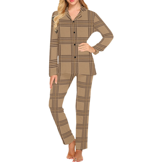Houndstooth Brown Pattern Print Design 04 Women's Long Pajama Set