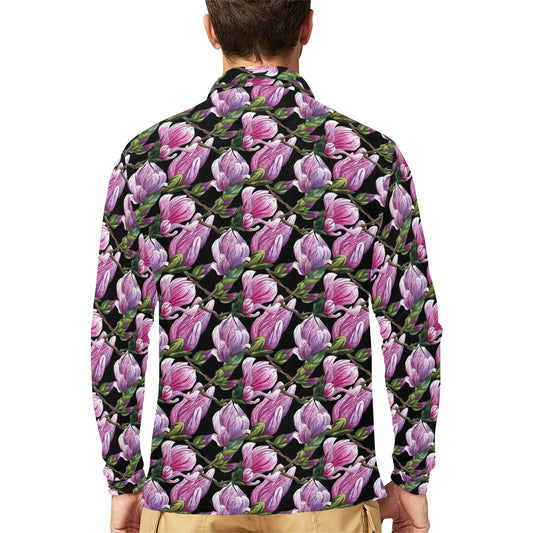 Magnolia Pattern Print Design MAG011 Long Sleeve Polo Shirt For Men's