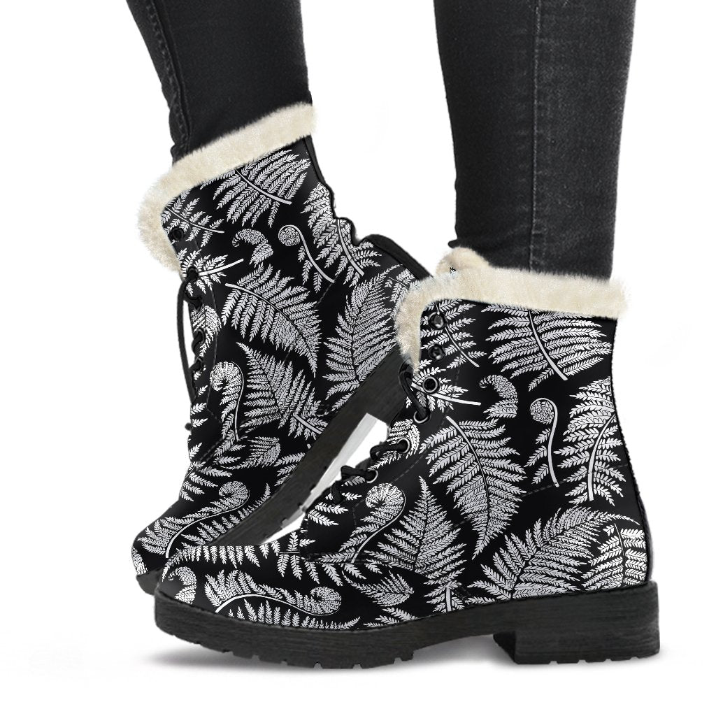 Fern Leave Black White Print Pattern Faux Fur Leather Boots-JTAMIGO.COM