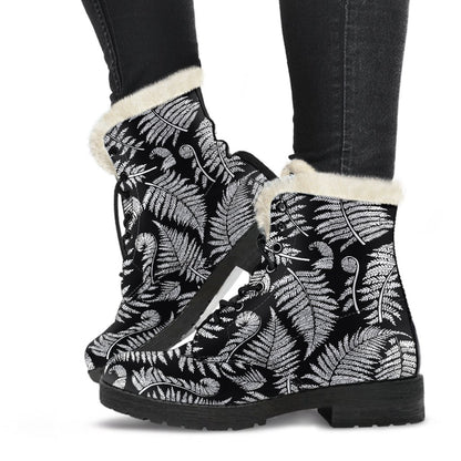 Fern Leave Black White Print Pattern Faux Fur Leather Boots-JTAMIGO.COM