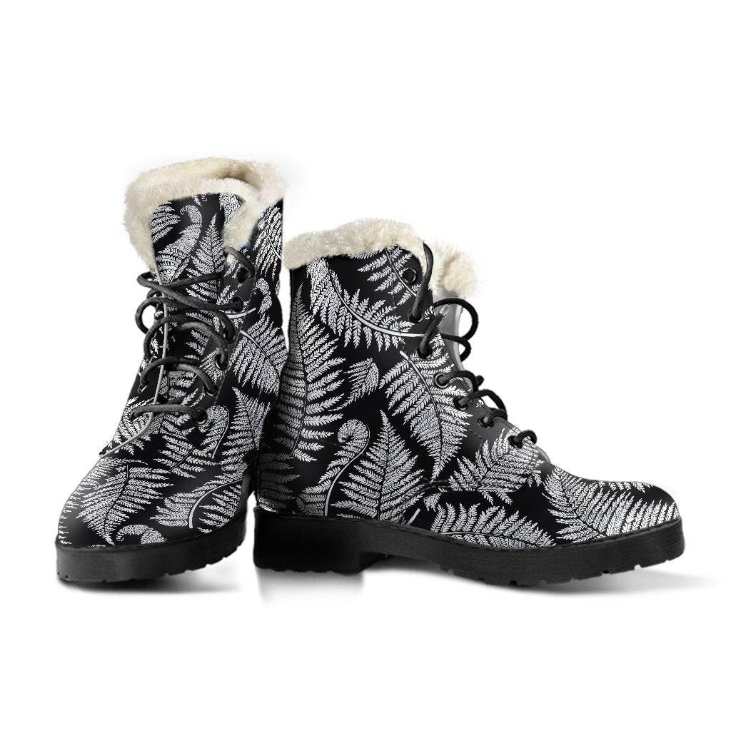 Fern Leave Black White Print Pattern Faux Fur Leather Boots-JTAMIGO.COM