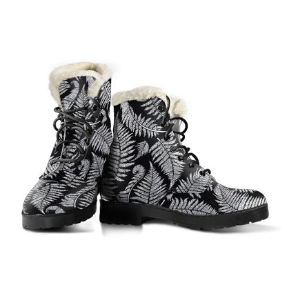 Fern Leave Black White Print Pattern Faux Fur Leather Boots-JTAMIGO.COM