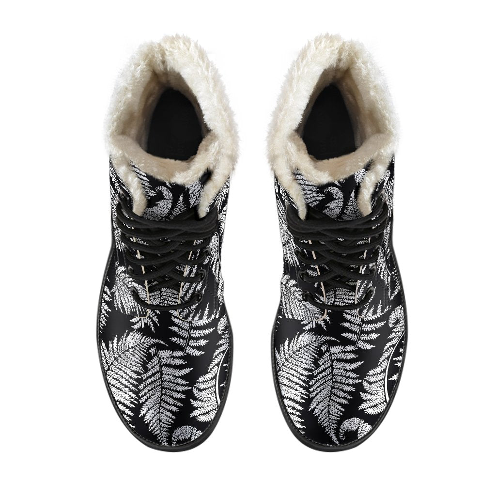 Fern Leave Black White Print Pattern Faux Fur Leather Boots-JTAMIGO.COM