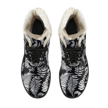 Fern Leave Black White Print Pattern Faux Fur Leather Boots-JTAMIGO.COM