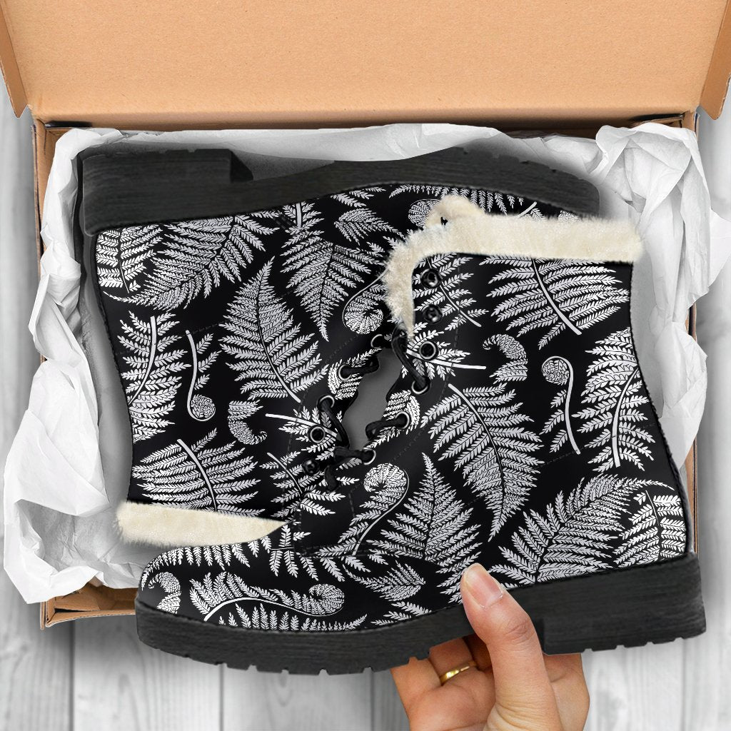 Fern Leave Black White Print Pattern Faux Fur Leather Boots-JTAMIGO.COM