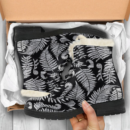 Fern Leave Black White Print Pattern Faux Fur Leather Boots-JTAMIGO.COM