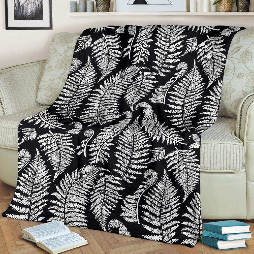 Fern Leave Black White Print Pattern Fleece Blanket