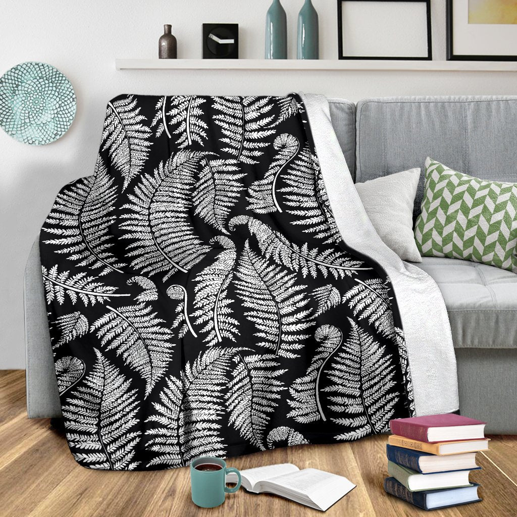 Fern Leave Black White Print Pattern Fleece Blanket