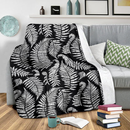Fern Leave Black White Print Pattern Fleece Blanket