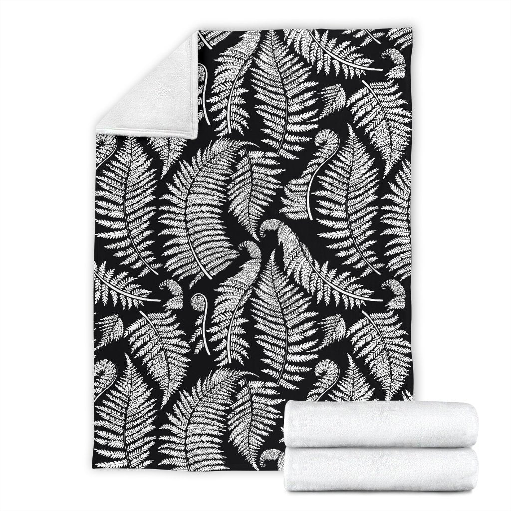 Fern Leave Black White Print Pattern Fleece Blanket