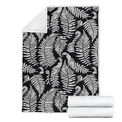 Fern Leave Black White Print Pattern Fleece Blanket