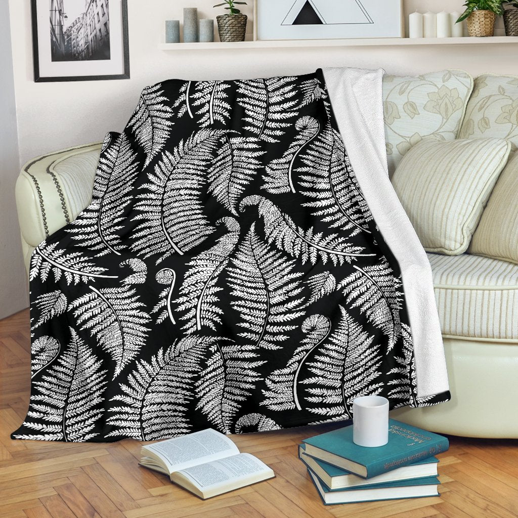 Fern Leave Black White Print Pattern Fleece Blanket
