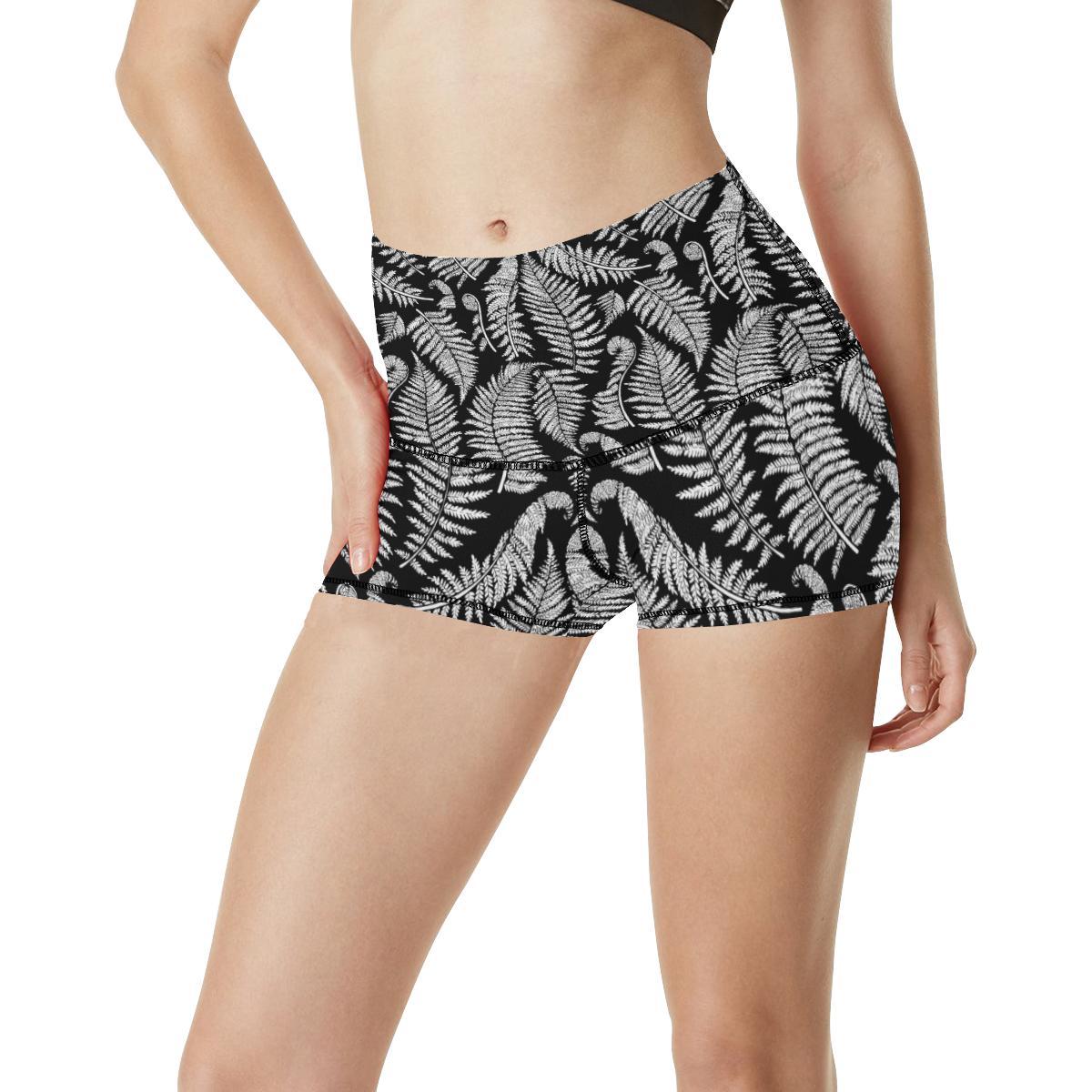 Fern Leave Black White Print Pattern High Waisted Spandex Shorts-JTAMIGO.COM