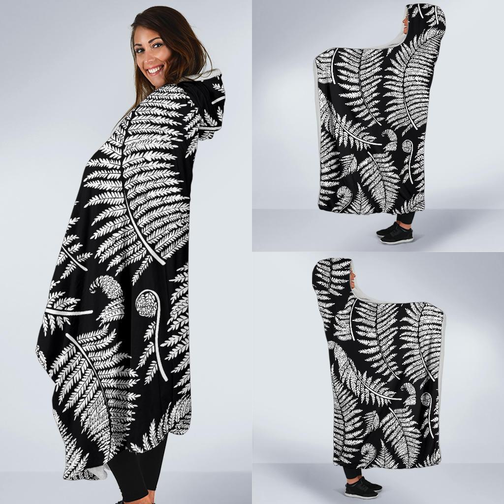 Fern Leave Black White Print Pattern Hooded Blanket-JTAMIGO.COM