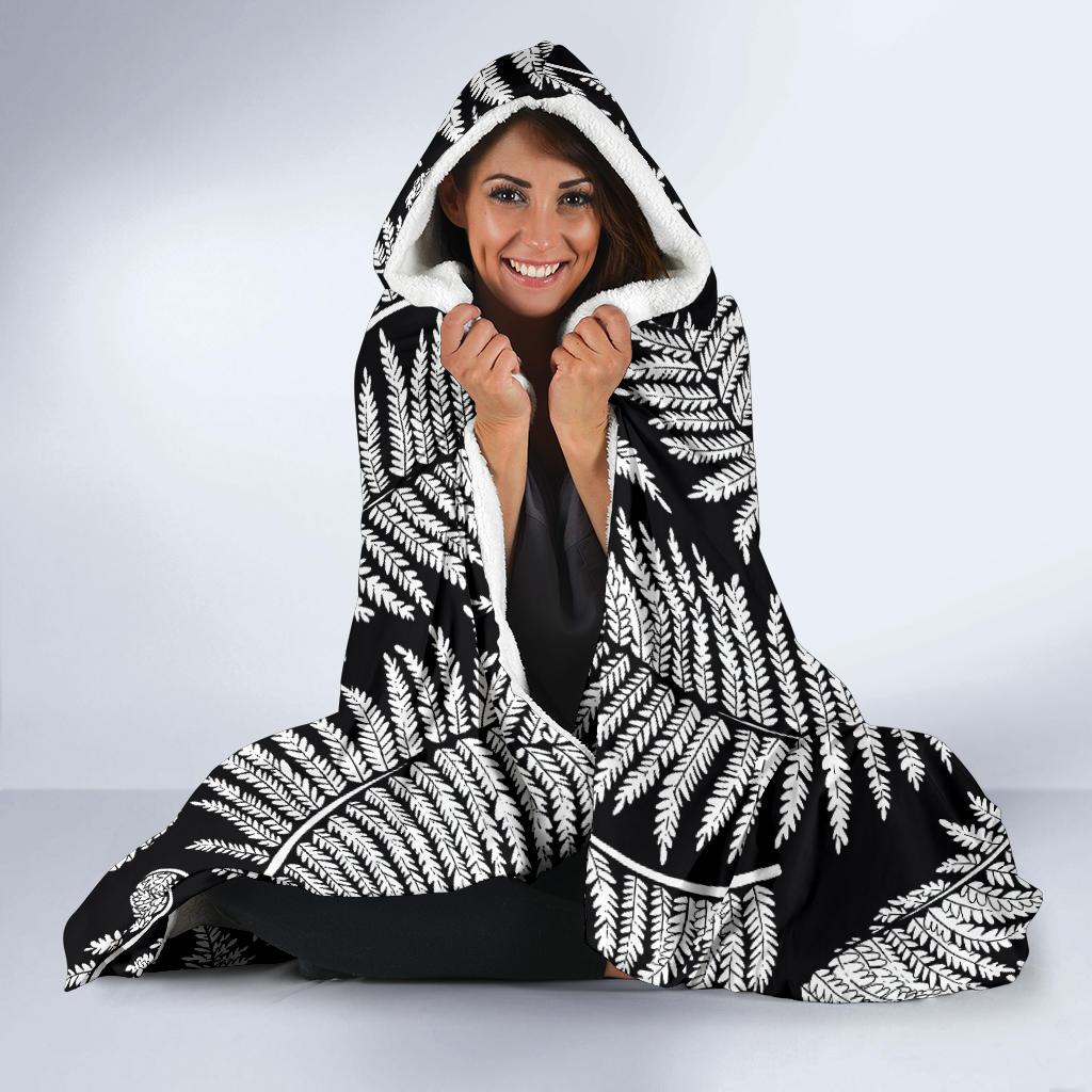 Fern Leave Black White Print Pattern Hooded Blanket-JTAMIGO.COM