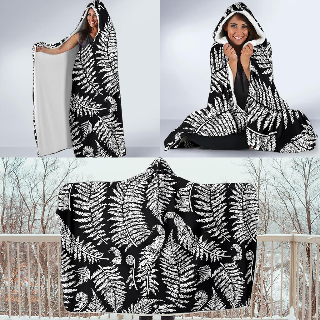 Fern Leave Black White Print Pattern Hooded Blanket-JTAMIGO.COM