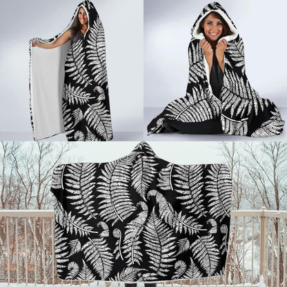 Fern Leave Black White Print Pattern Hooded Blanket-JTAMIGO.COM