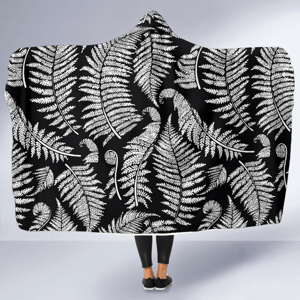 Fern Leave Black White Print Pattern Hooded Blanket-JTAMIGO.COM
