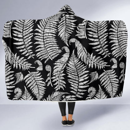 Fern Leave Black White Print Pattern Hooded Blanket-JTAMIGO.COM