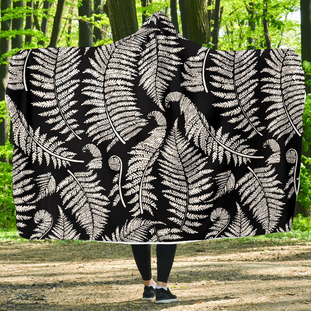 Fern Leave Black White Print Pattern Hooded Blanket-JTAMIGO.COM
