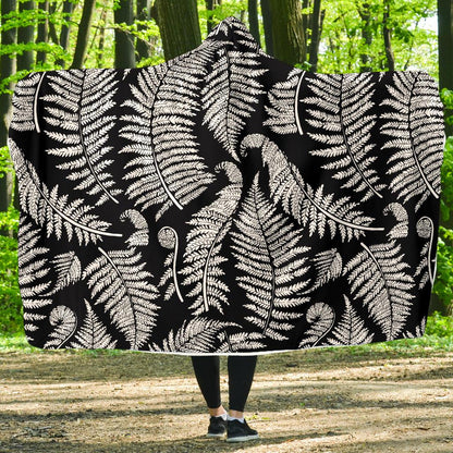 Fern Leave Black White Print Pattern Hooded Blanket-JTAMIGO.COM