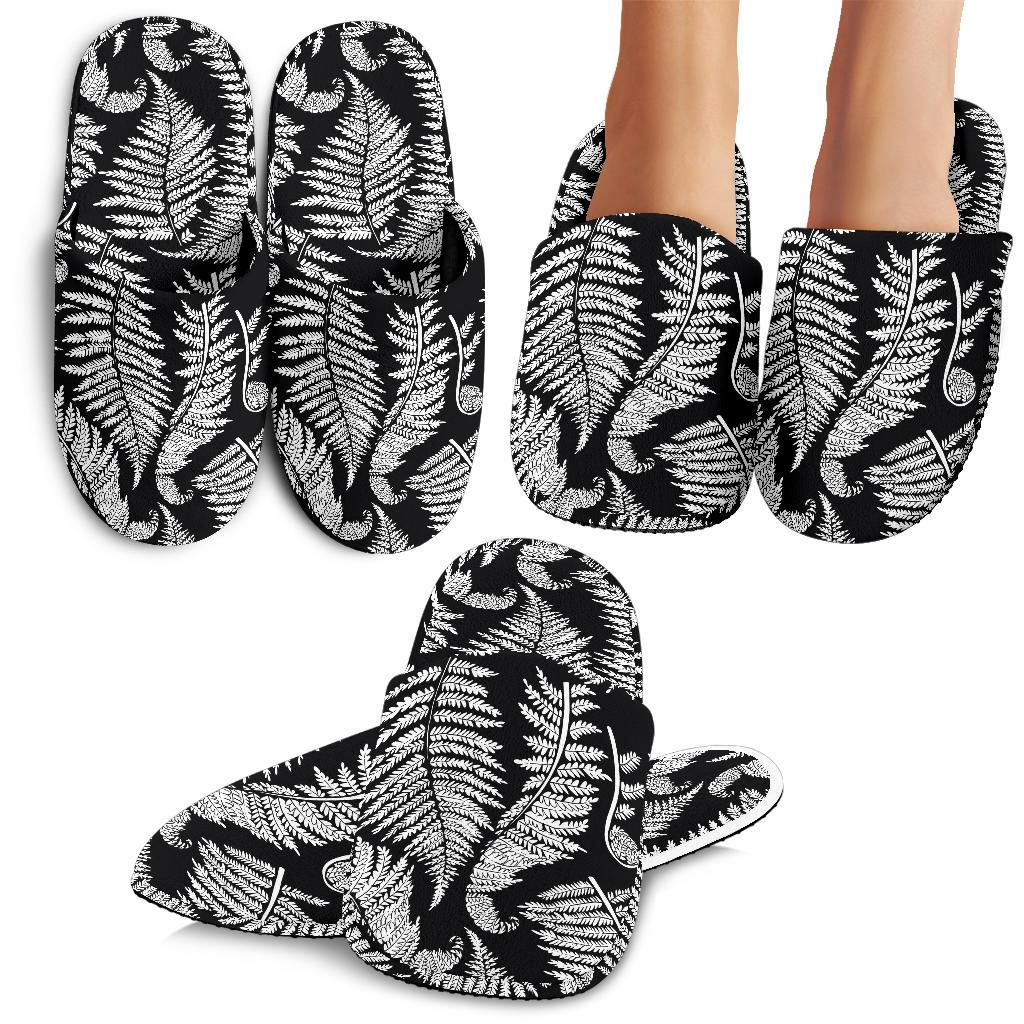 Fern Leave Black White Print Pattern House Slippers