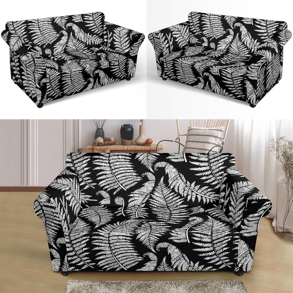 Fern Leave Black White Print Pattern Loveseat Slipcover-JTAMIGO.COM