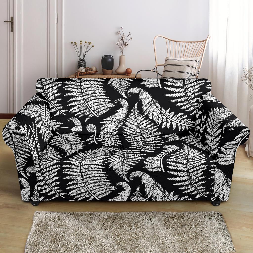 Fern Leave Black White Print Pattern Loveseat Slipcover-JTAMIGO.COM