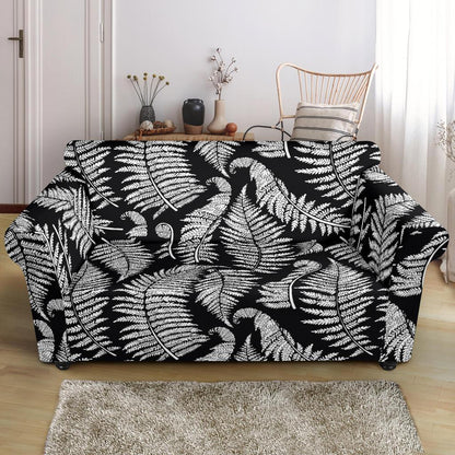 Fern Leave Black White Print Pattern Loveseat Slipcover-JTAMIGO.COM