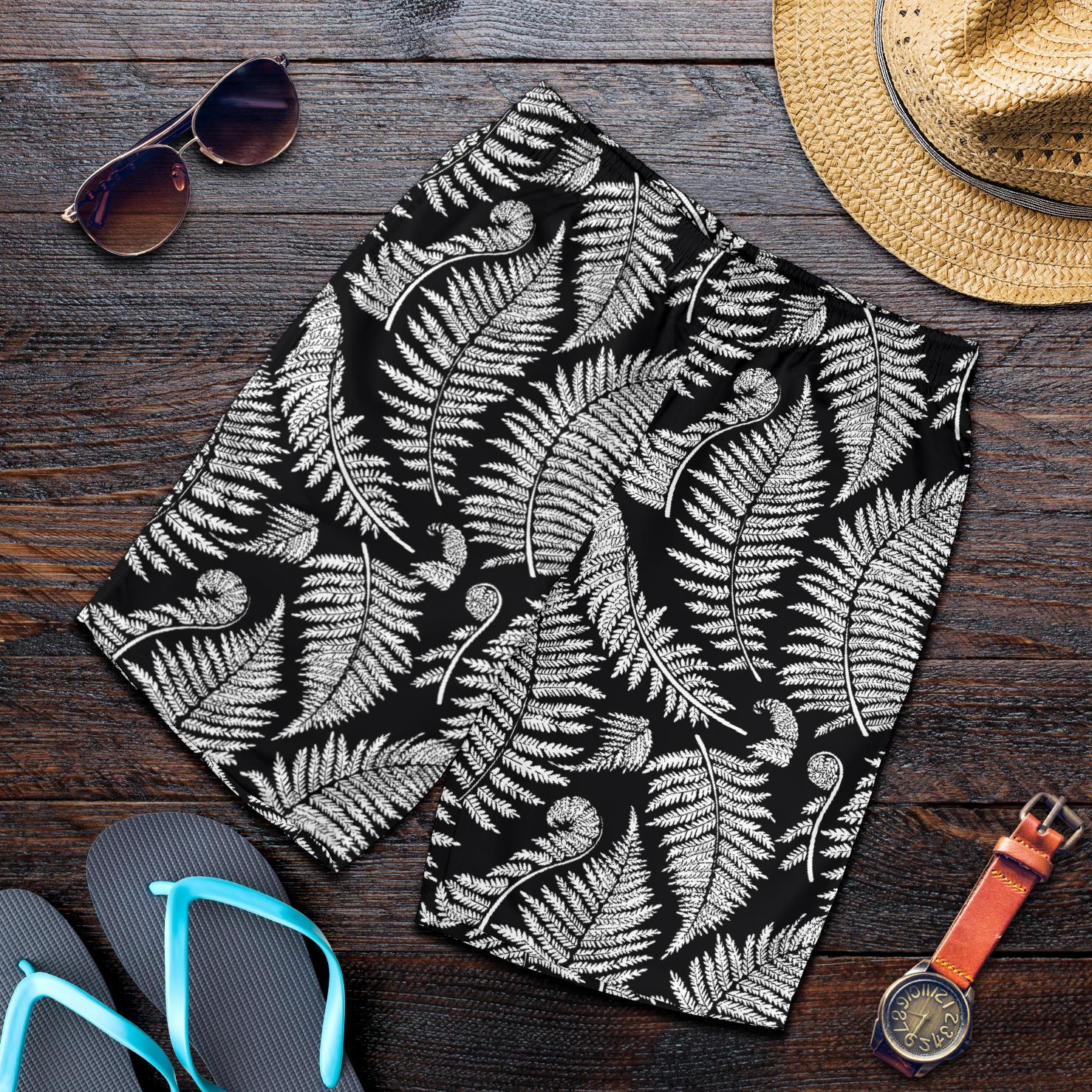 Fern Leave Black White Print Pattern Mens Shorts-JTAMIGO.COM