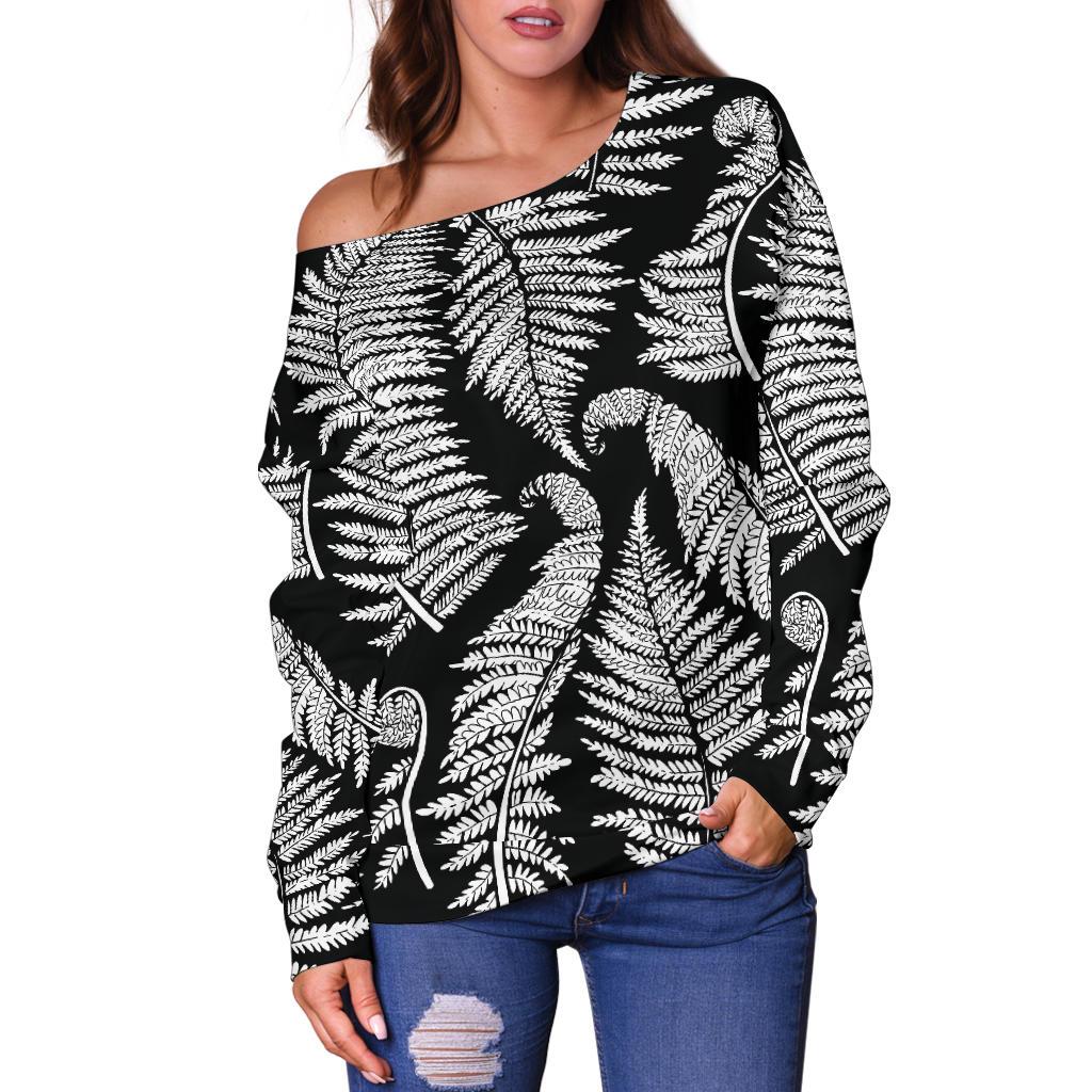 Fern Leave Black White Print Pattern Off Shoulder Sweatshirt