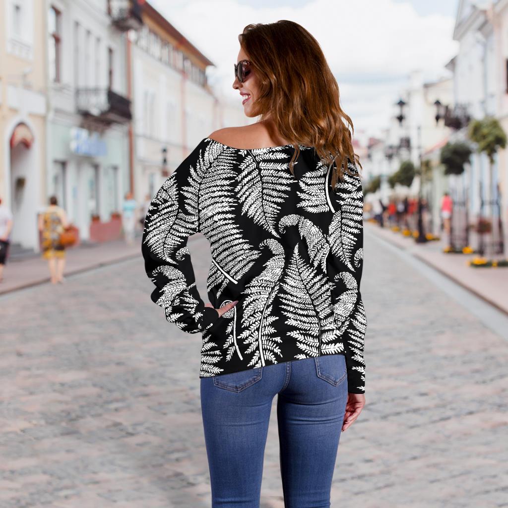 Fern Leave Black White Print Pattern Off Shoulder Sweatshirt