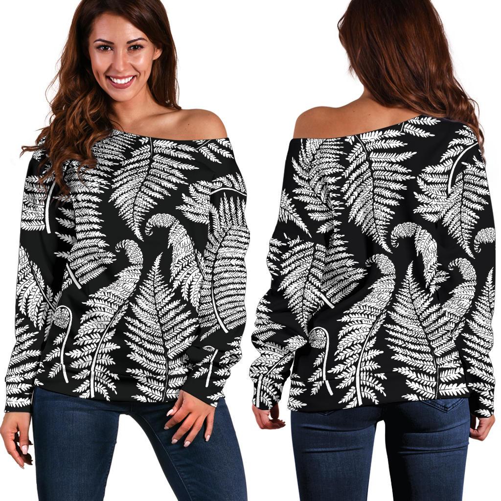 Fern Leave Black White Print Pattern Off Shoulder Sweatshirt